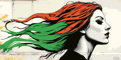 A light image featuring a woman. The woman has orange-green hair fluttering in the wind.