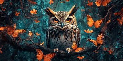 Wisdom diamond painting: great horned owl on a branch surrounded by orange butterflies against a dark teal forest