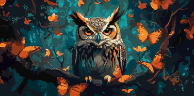 Owl on a branch surrounded by orange butterflies.