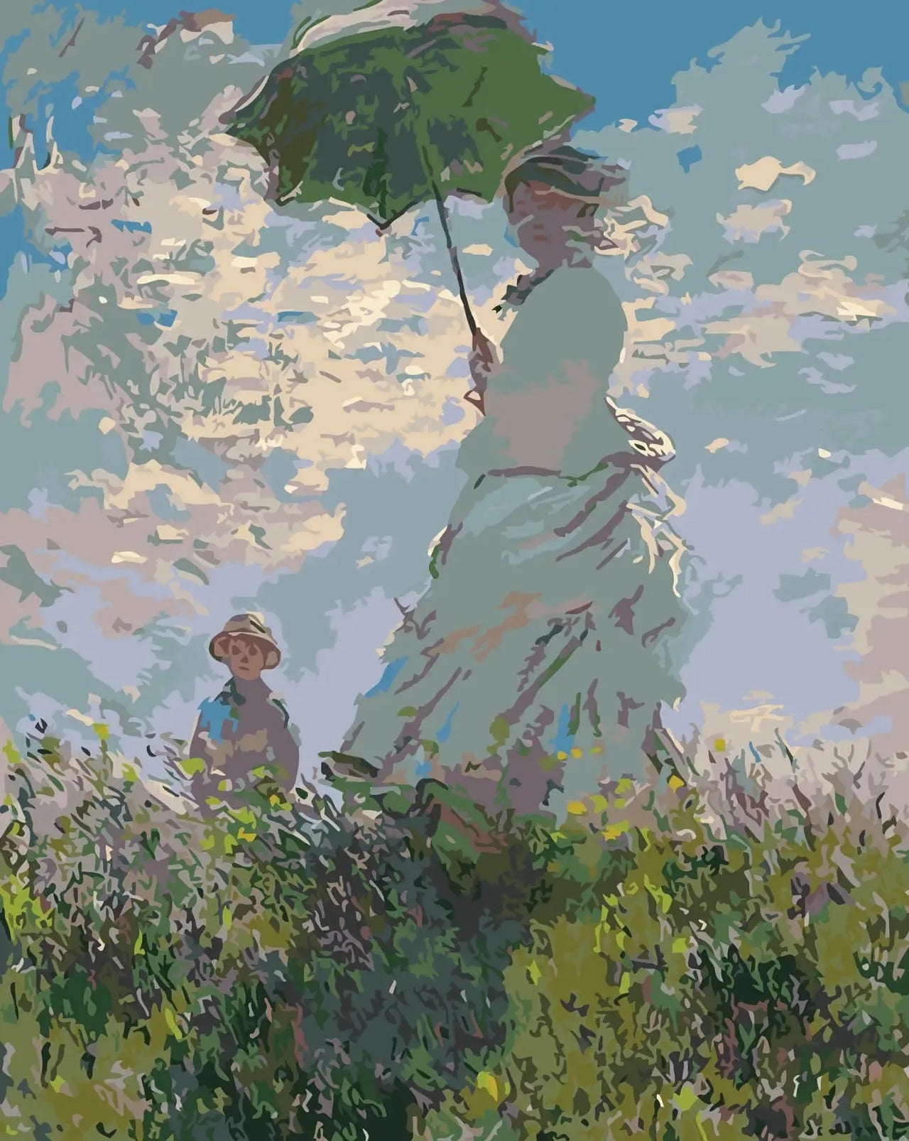 Claude Monet’n Parasolilla oleva nainen kesäisessä niityssä, numeromaalaus.