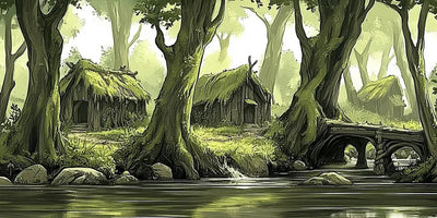 Mossy cottages hidden in the middle of a dense green forest, with a flowing river in the background.