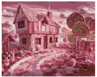 Thumbnail for Timanttimaalaus mallikuva – karamellinsävyinen mökki, pyöreät tikkaripuut ja pehmeä pastellimainen maisema luovat sadunomaisen, makean tunnelman.