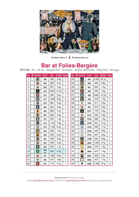 DMC color chart for A Bar At The Folies Bergere diamond painting - 44 colors