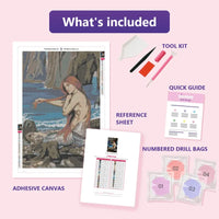 Thumbnail for A Mermaid 40x60cm diamond painting kit contents: adhesive canvas, color chart, tools and diamond bags