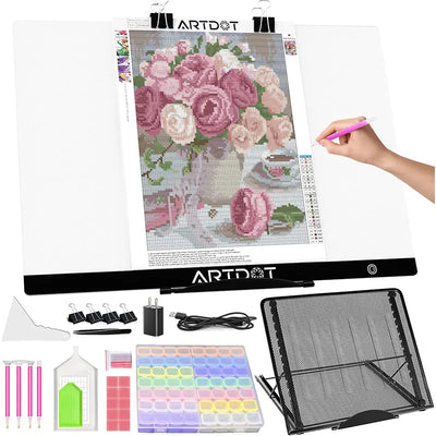 ARTDOT A2 LED light pad used with diamond painting, includes accessories and stand.