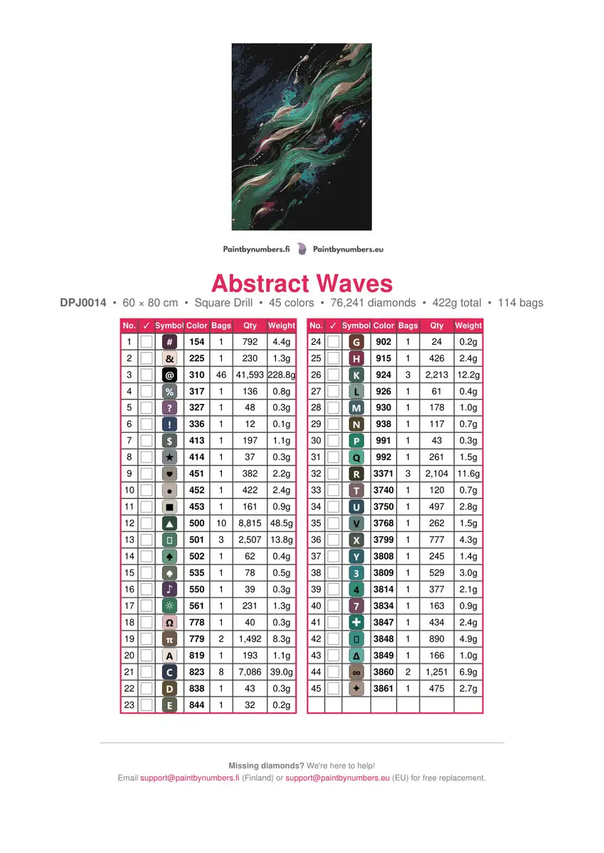 Abstract Waves diamond painting color chart – 45 DMC colors