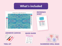 Thumbnail for Abstract Waves 30x20cm diamond painting kit contents: adhesive canvas, color chart, tools and diamond bags
