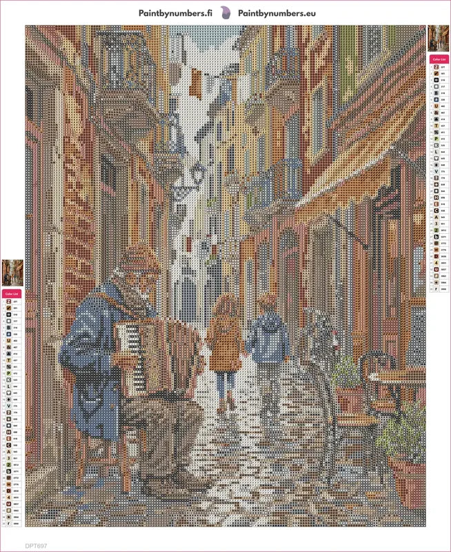 Diamond painting adhesive canvas preview - Accordion Player in Old Town Alley