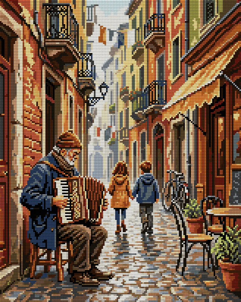 Accordion Player in Old Town Alley, 40x50 cm diamond painting – full design preview without the close-up inset