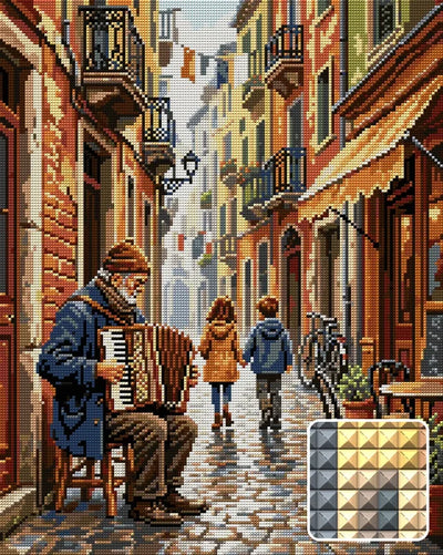Accordion Player in Old Town Alley, 40x50 cm diamond painting – finished design preview with a close-up of square drills
