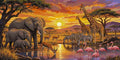 Thumbnail for African animals at the waterhole Paint By Numbers, with elephants, giraffes, zebras, and flamingos.