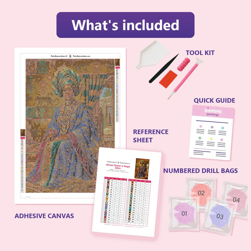 What is included in the African Queen in Regal Attire diamond painting kit - adhesive canvas, reference sheet, tools and numbered drill bags