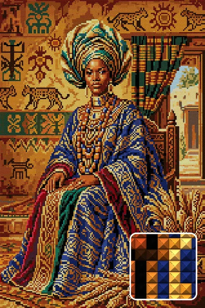 African Queen in Regal Attire, 40x60 cm diamond painting – finished design preview with a close-up of square drills