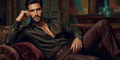 Diamond painting featuring a dark-haired man lying on a velvet sofa in a luxurious setting.
