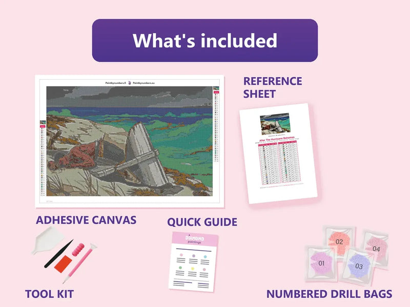 What is included in the After The Hurricane Bahamas diamond painting kit - adhesive canvas, reference sheet, tools and numbered drill bags