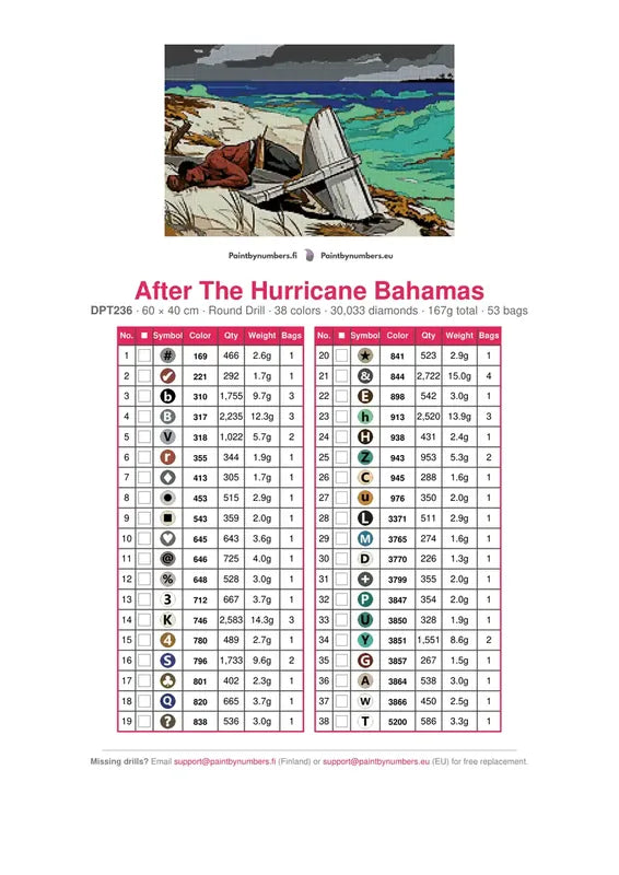 DMC color chart for After The Hurricane Bahamas diamond painting - 38 colors