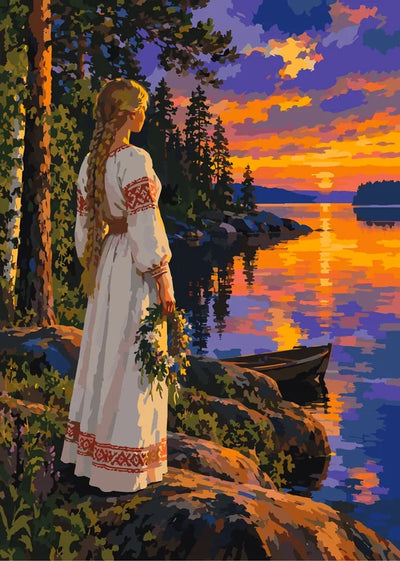 Woman in folk dress by lake paint by numbers.
