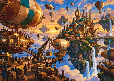 Airships and floating city paint by numbers, colorful sky and detailed buildings.