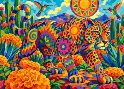 Jaguar, flowers and hummingbirds paint by numbers. Bright colors and geometric patterns.
