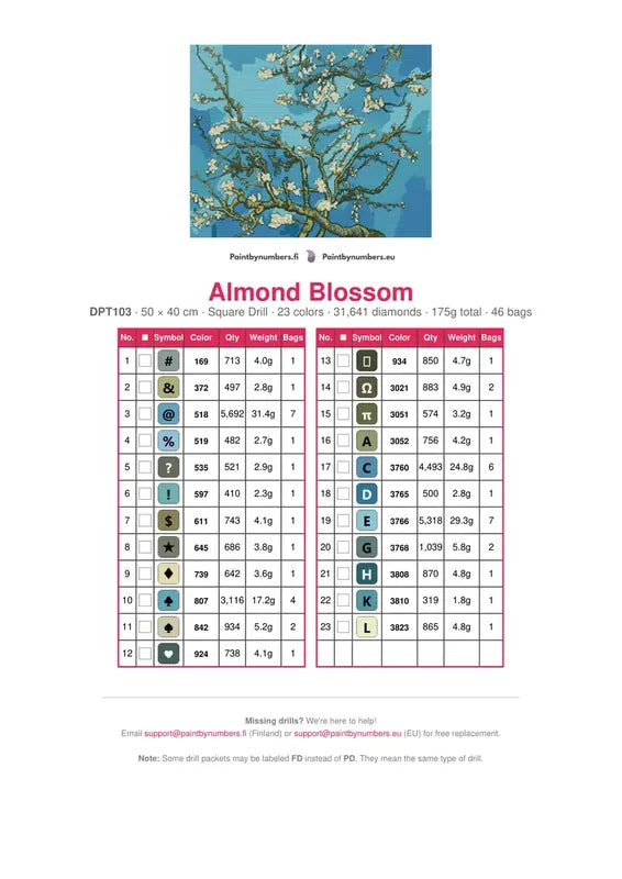 DMC color chart for Almond Blossom diamond painting - 23 colors
