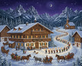 Thumbnail for Diamond painting of a winter alpine village, a lantern procession, and horse sleighs.