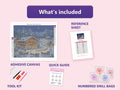 Thumbnail for Alpine Gasthof 50x40cm diamond painting kit contents: adhesive canvas, color chart, tools and diamond bags