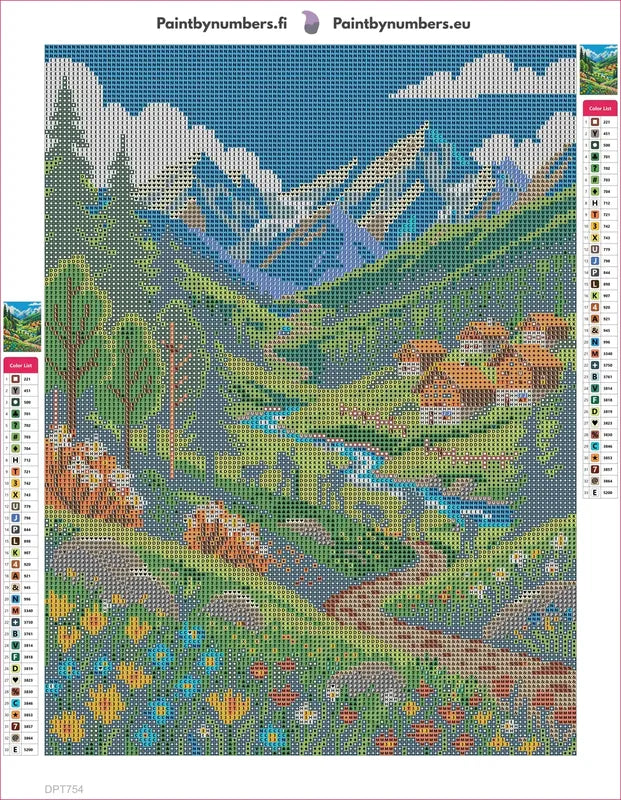Diamond painting adhesive canvas preview - Alpine Village Mountain Valley
