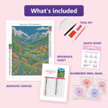 Thumbnail for What is included in the Alpine Village Mountain Valley diamond painting kit - adhesive canvas, reference sheet, tools and numbered drill bags
