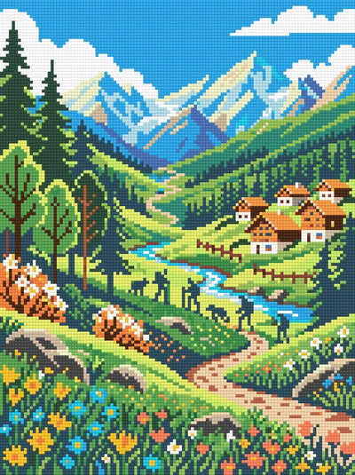 Förhandsbild: alpdal med blå flod, orange bytak, blomsteräng och snöklädda berg