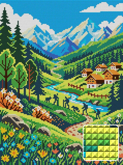 Alpine Village Mountain Valley, 30x40 cm diamond painting – finished design preview with a close-up of square drills