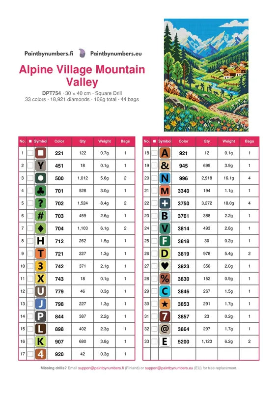 DMC color chart for Alpine Village Mountain Valley diamond painting - 33 colors
