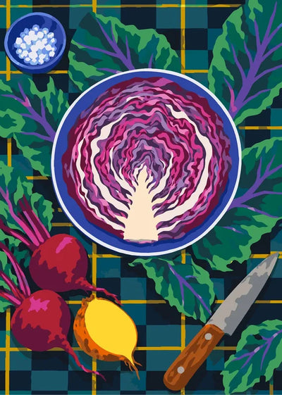 Paint by numbers of a halved red cabbage on a blue plate with beetroots and a knife on a check cloth.