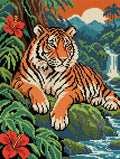 Miniatyrbild: Förhandsbild av diamantmönstret: vilande tiger bland gröna blad och röda blommor med vattenfall och berg bakom
