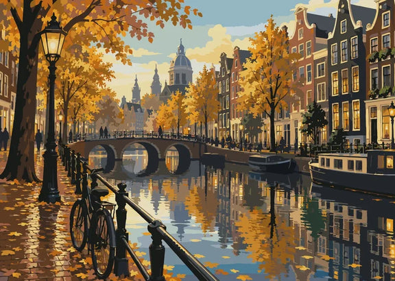 Måla efter nummer-tavla med en kanal i Amsterdam, en stenbro och höstlöv