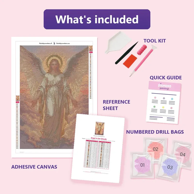Angel in the Clouds 40x60cm diamond painting kit contents: adhesive canvas, color chart, tools and diamond bags