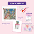Thumbnail for What is included in the Angel in the Pearl Garden diamond painting kit - adhesive canvas, reference sheet, tools and numbered drill bags