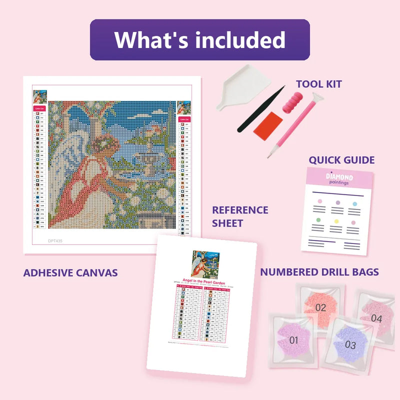 What is included in the Angel in the Pearl Garden diamond painting kit - adhesive canvas, reference sheet, tools and numbered drill bags