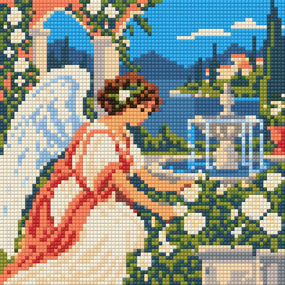 Förhandsbild: ängel i rosenträdgård med vita blommor, rosa valvbågar och fontän