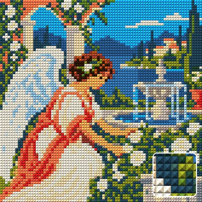 Angel in the Pearl Garden, 20x20 cm diamond painting – finished design preview with a close-up of square drills