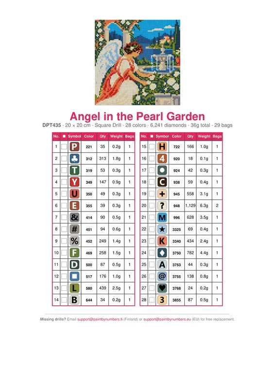 DMC color chart for Angel in the Pearl Garden diamond painting - 28 colors