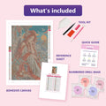 Thumbnail for What is included in the Angel of the Apricot Dawn diamond painting kit - adhesive canvas, reference sheet, tools and numbered drill bags