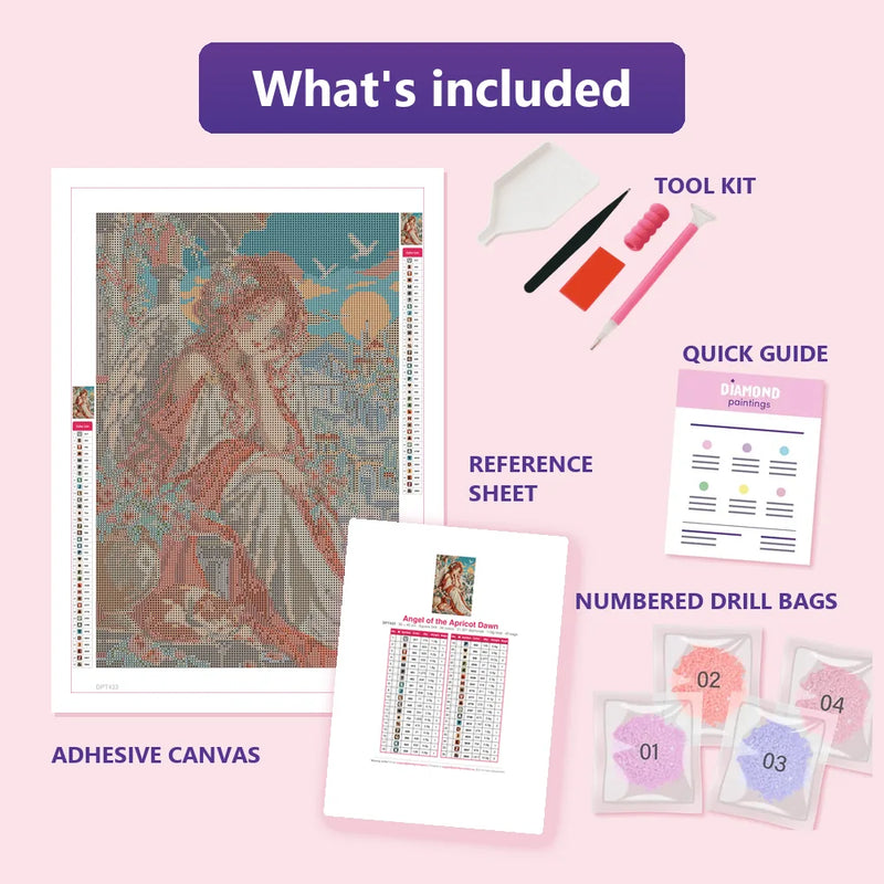 What is included in the Angel of the Apricot Dawn diamond painting kit - adhesive canvas, reference sheet, tools and numbered drill bags