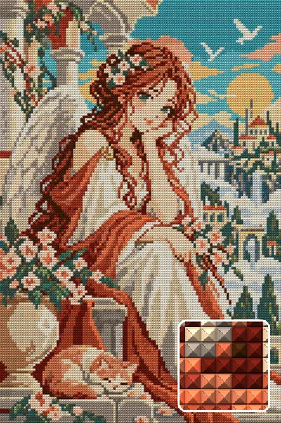 Angel of the Apricot Dawn, 30x45 cm diamond painting – finished design preview with a close-up of square drills
