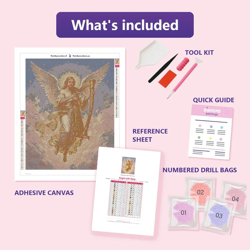 Angel with Harp 40x50cm diamond painting kit contents: adhesive canvas, color chart, tools and diamond bags