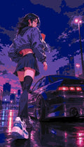 Thumbnail for Anime-style girl with sports car paint by numbers, evening city background.