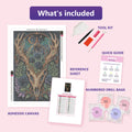 Thumbnail for Antler Skull Roses 40x60cm diamond painting kit contents: adhesive canvas, color chart, tools, and diamond bags