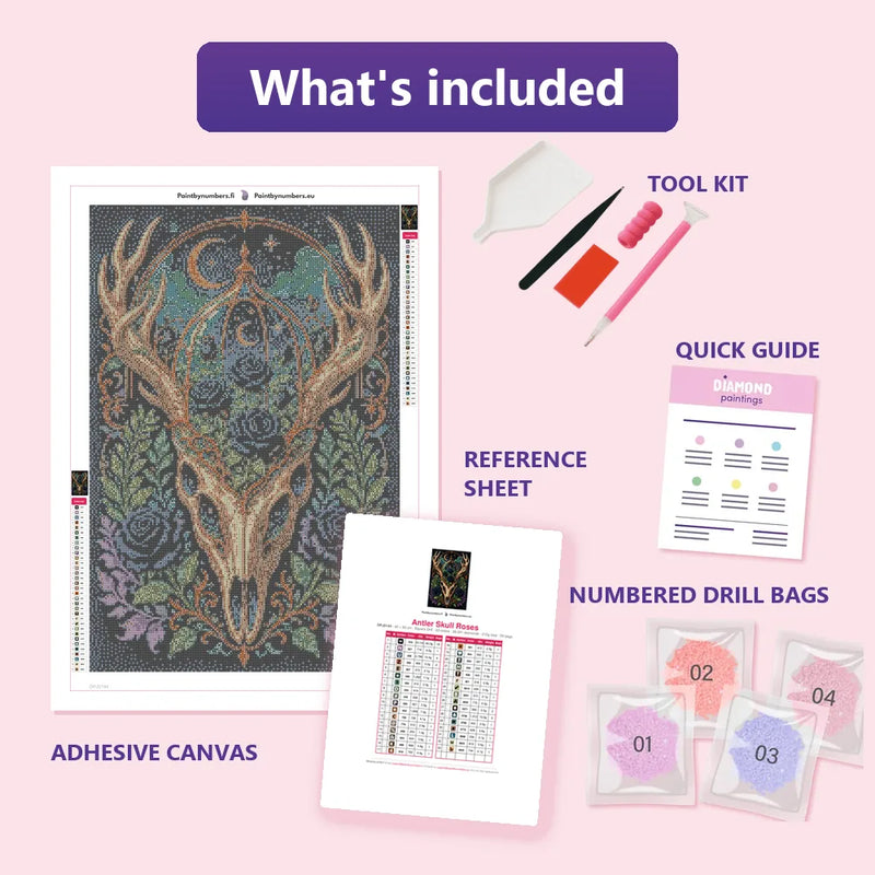 Antler Skull Roses 40x60cm diamond painting kit contents: adhesive canvas, color chart, tools, and diamond bags