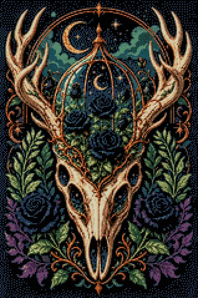 Diamond Pattern - Antler Skull Roses