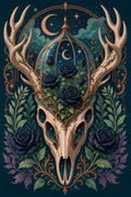 Thumbnail for Diamond painting featuring a deer skull, black roses, and an ornate night background.