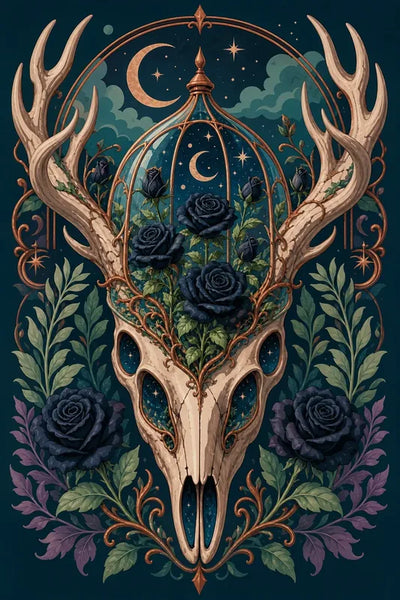 Diamond painting featuring a deer skull, black roses, and an ornate night background.
